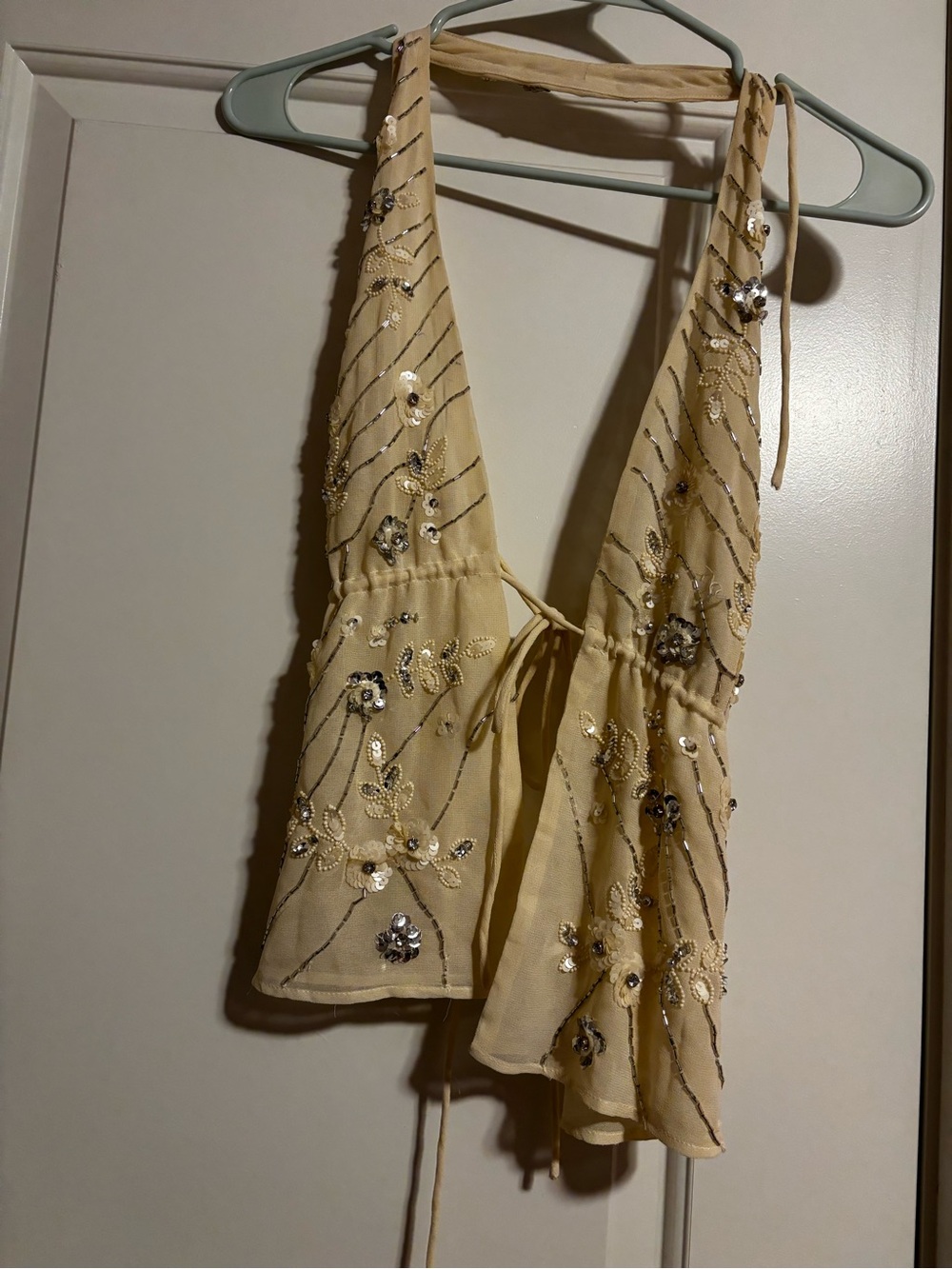 Urban Outfitters Beaded Cream Halter Tie-Front Camisole